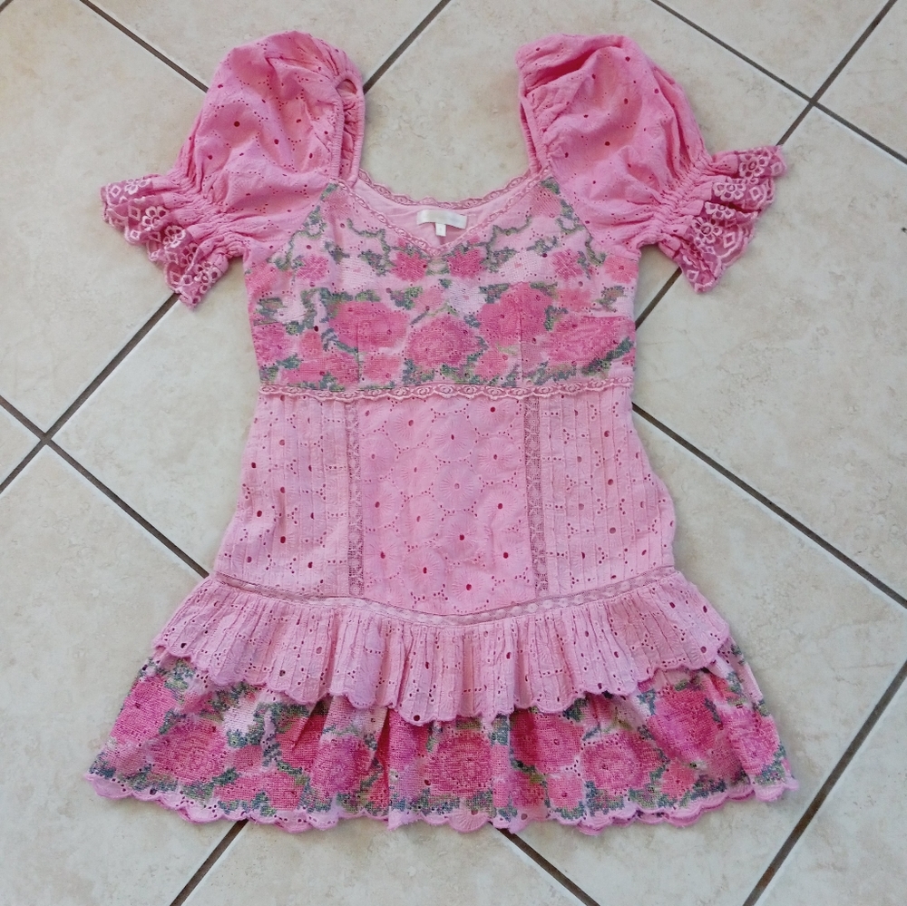 LoveShackFancy Pink Eyelet Floral Mini Dress - Picture 16 of 16